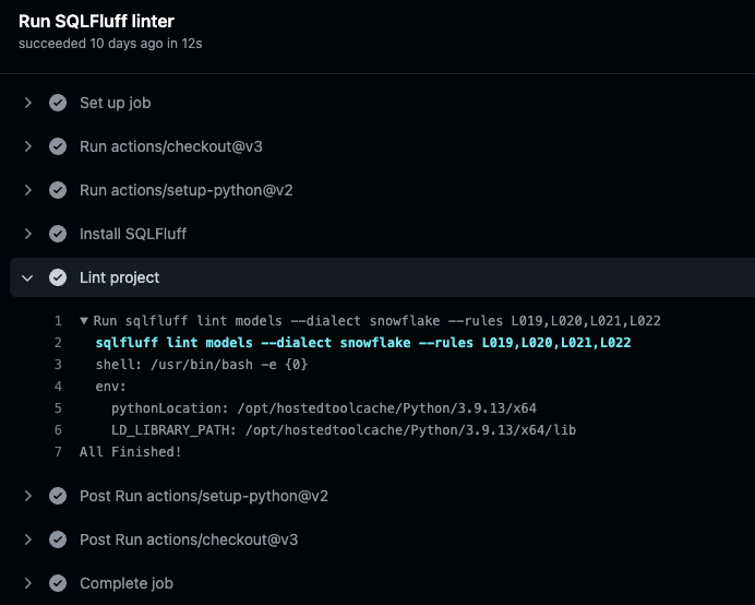 Image showing the logs in GitHub for the SQLFluff run